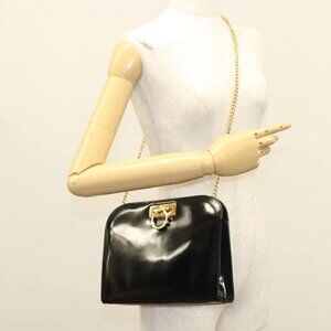 Salvatore Ferragamo Chain Gancini Bag Patent leather Black Gold Auth